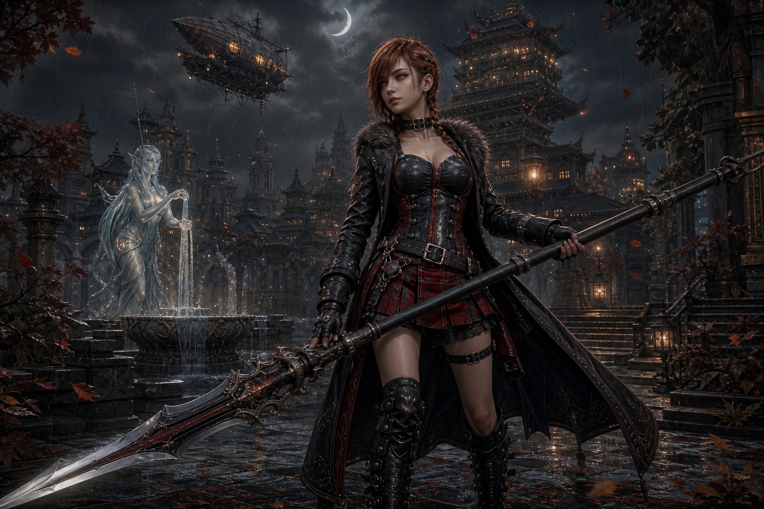 Ancient Pagoda, Petite Body, Wielding Oversized Fantasy Greatspear, Red Plaid Miniskirt AI Image