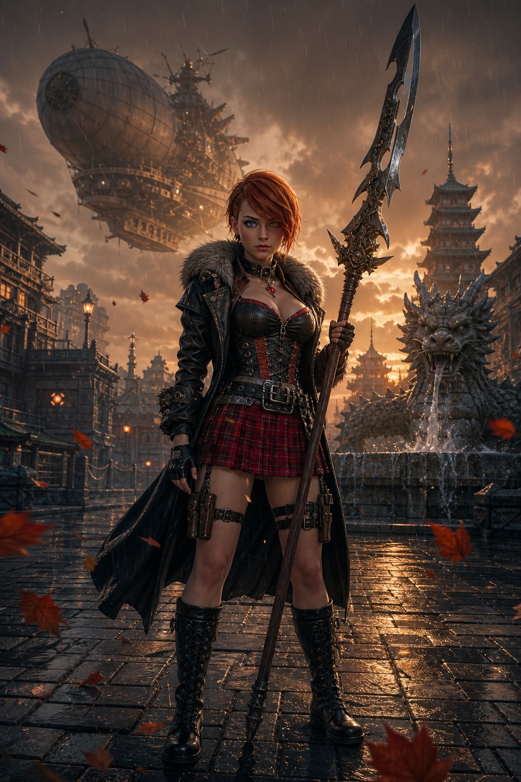 Center Of Ancient Stone City, Handguns In Leg Holsters, Stone Dragon Fountain, Fingerless Gloves AI Image