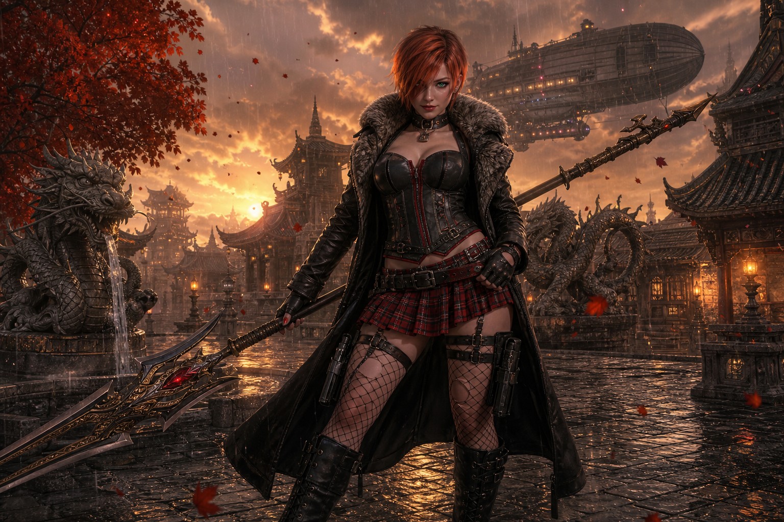 Ethereal-fantasy-style, Girl, Torn Fishnet Stockings Knee-high Combat Boots, Handguns In Leg Holsters AI Image
