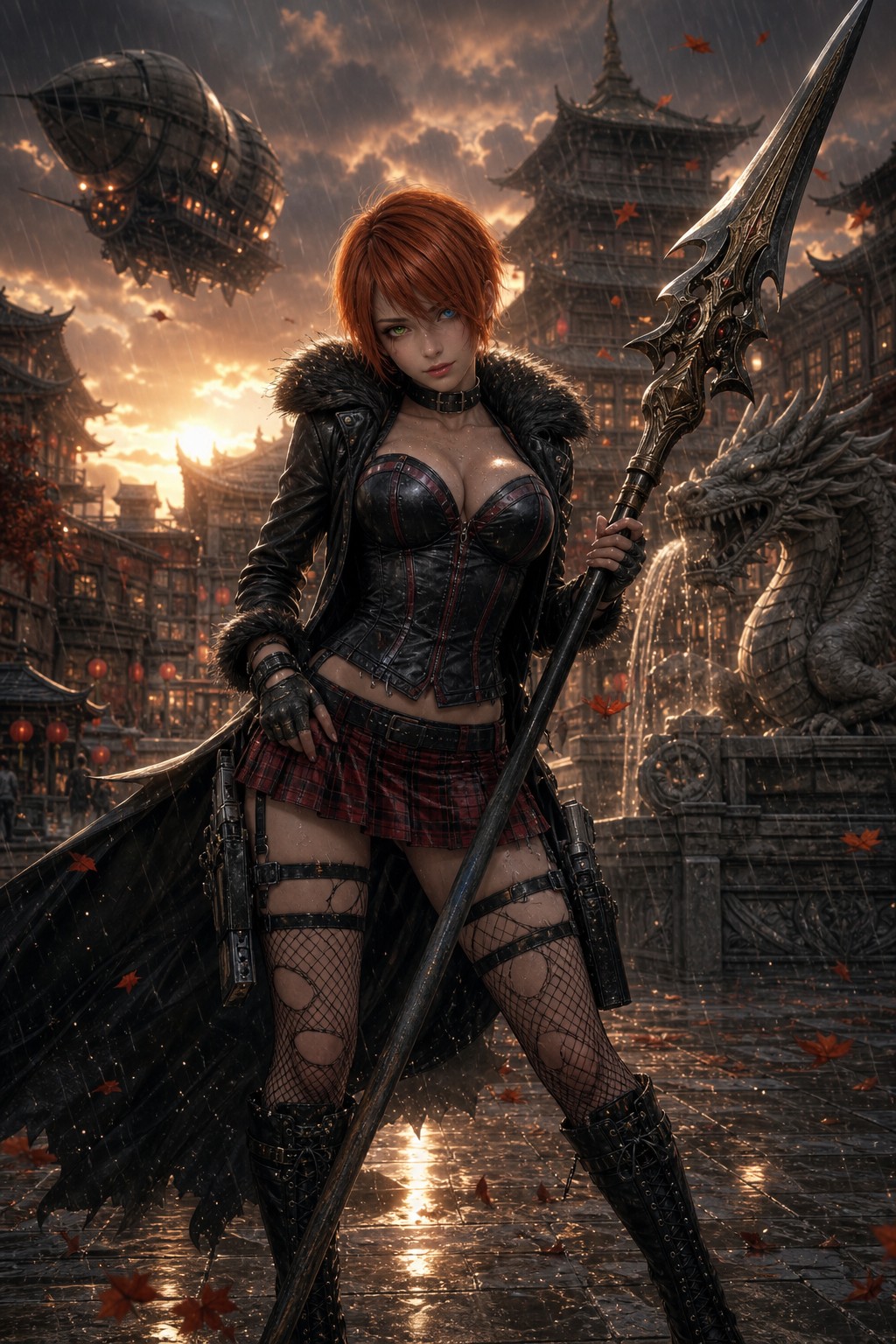 Raining, Wielding Oversized Fantasy Greatspear, Ginger Hair, Handguns In Leg Holsters AI Image