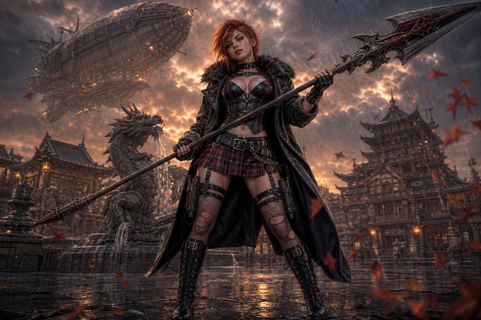 Short Emo Hairstyle, Black Leather Bustier With Red Accents, Sunset Glow, Red Plaid Miniskirt AI Image