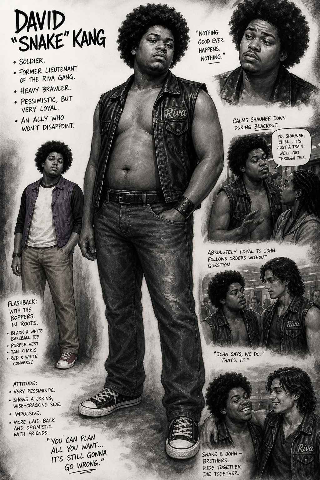 With Silas "buddy" Wonderkid Describing Him As Chubby During The Flashback Where He's Still With The Boppers In Roots, He Wears A Black And White Baseball T-shirt, He Is An Ally Who Won't Disappoint David Wears Light Wash Black Jeans, Tan Colored Khakis AI Image