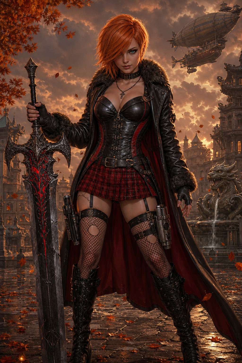 Black Leather Bustier With Red Accents, Ancient Pagoda, Stone Dragon Fountain, Fingerless Gloves AI Image