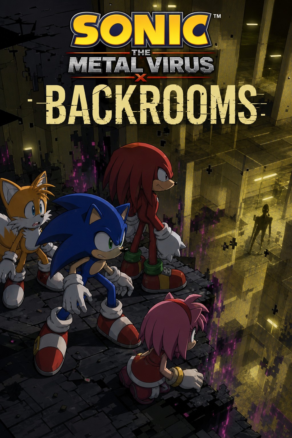 Named "sonic The Metal Virus X Backrooms", Portrait Title Image For A Sonic The Hedgehog Story That Begins Directly After The End Of The Metal Virus Arc, Where The Ground Becomes Untrustworthy This Is A Sonic The Hedgehog Crossover With The Backrooms AI Image