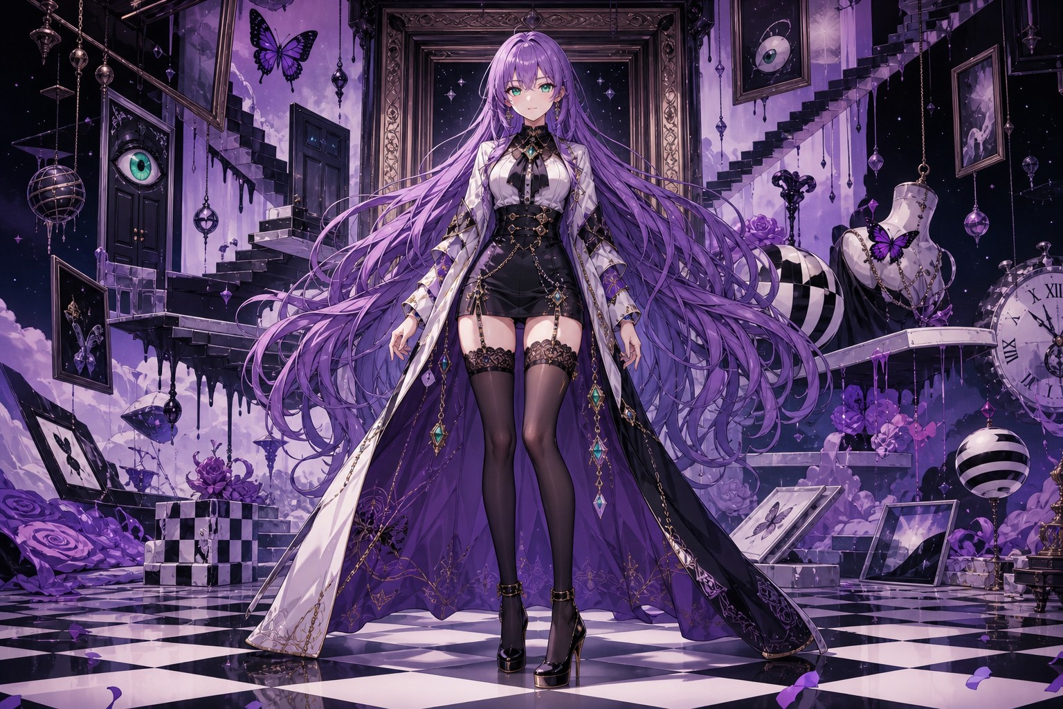 Frontal Full Body View Of A Beautiful Anime Woman Long Violet Colored Hair With Emerald Colored Eyes Wearing A Fashionable Outfit With Thigh High Stockings And Stiletto Heels AI Image