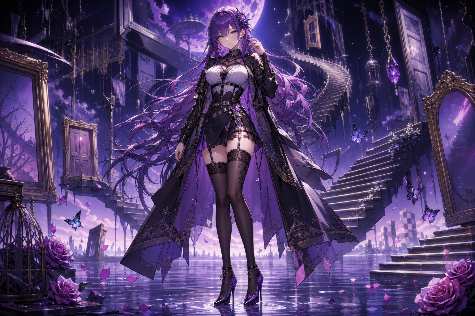 Full Body View From The Front Of A Beautiful Anime Woman Long Violet Colored Hair With Emerald Colored Eyes Wearing A Fashionable Outfit With Thigh High Stockings And Stiletto Heels AI Image