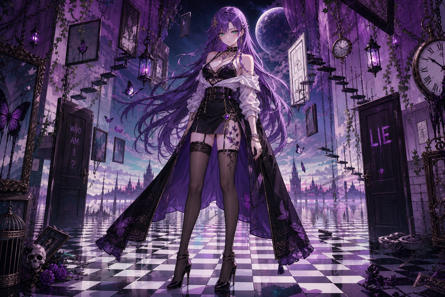 Full Body View From The Front Of A Beautiful Anime Woman Long Violet Colored Hair With Emerald Colored Eyes Wearing A Fashionable Outfit With Thigh High Stockings And Stiletto Heels AI Image
