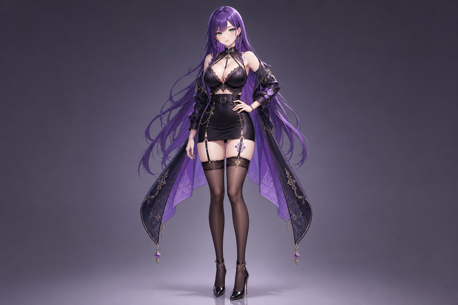 Full Body View From The Front Of A Beautiful Anime Woman Long Violet Colored Hair With Emerald Colored Eyes Wearing A Fashionable Outfit With Thigh High Stockings And Stiletto Heels AI Image