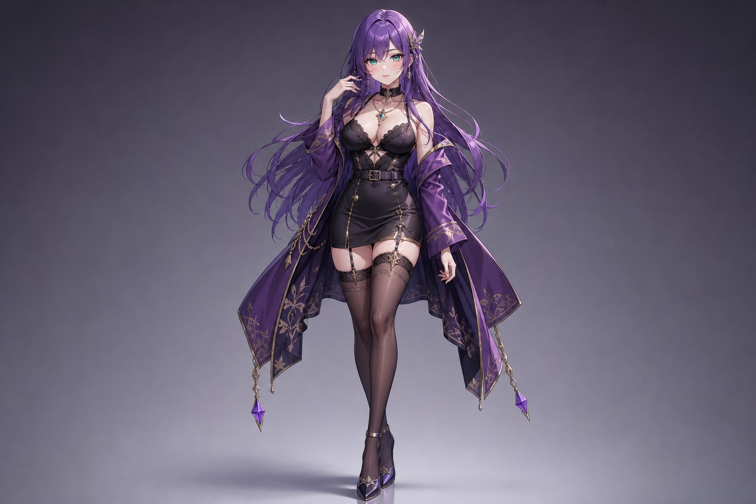 Full Body View From The Front Of A Beautiful Anime Woman Long Violet Colored Hair With Emerald Colored Eyes Wearing A Fashionable Outfit With Thigh High Stockings And Stiletto Heels AI Image