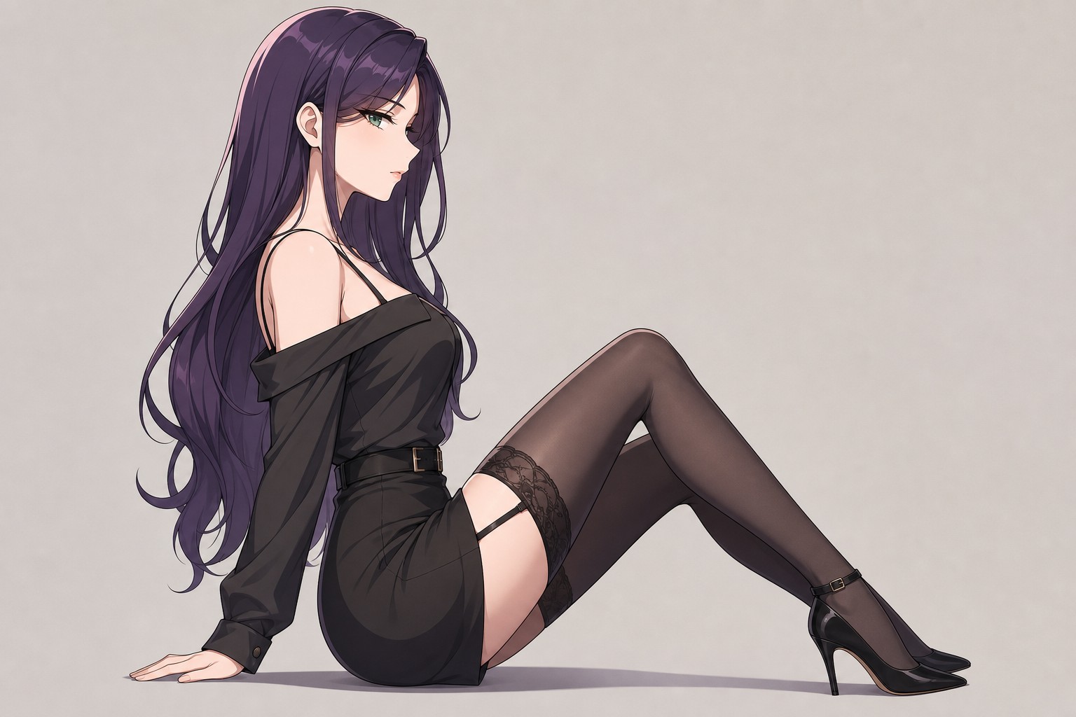 Side View Of A Beautiful Anime Woman Long Violet Colored Hair With Emerald Colored Eyes Wearing A Fashionable Outfit With Thigh High Stockings And Stiletto Heels Simple Neutral Background AI Image