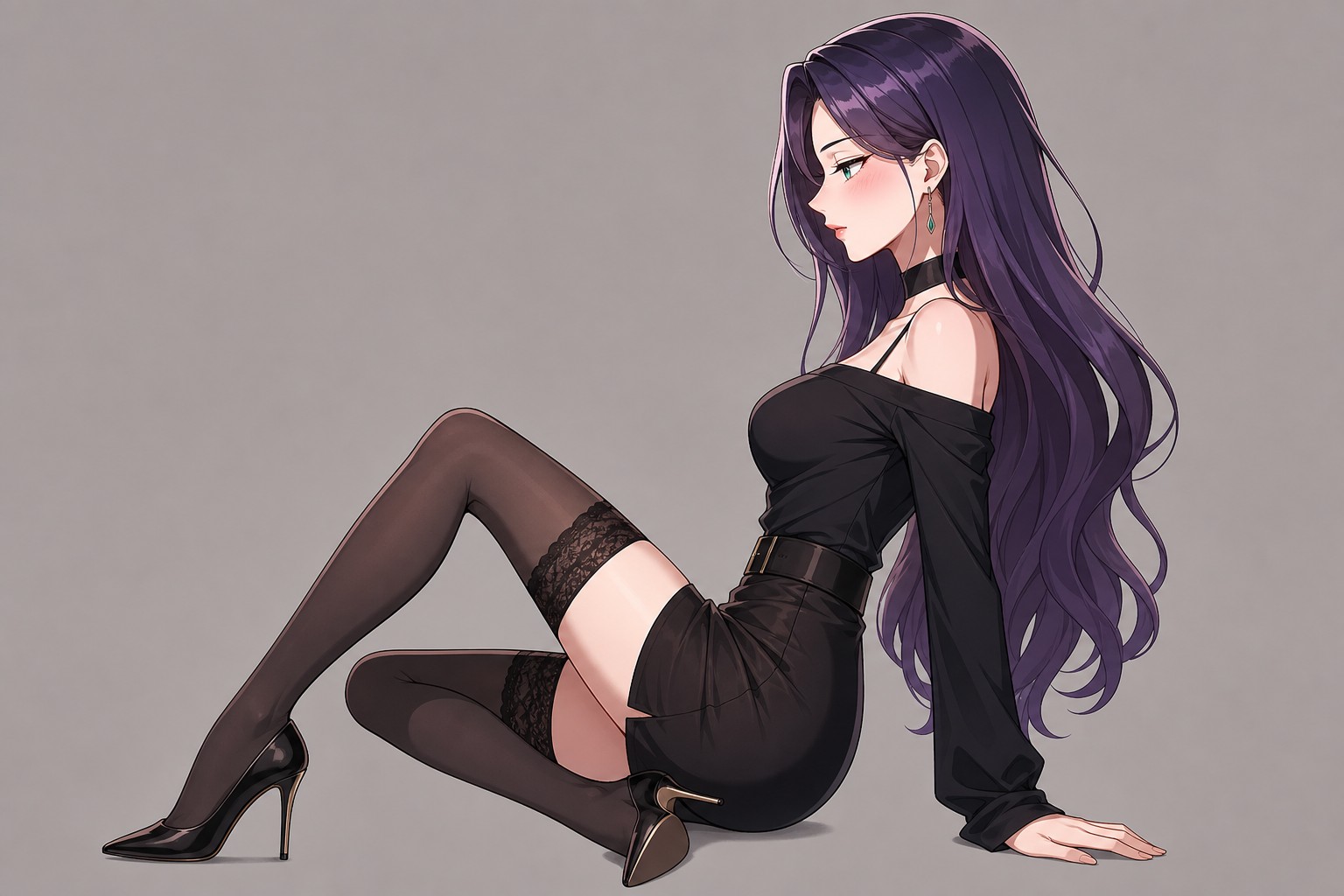 Side View Of A Beautiful Anime Woman Long Violet Colored Hair With Emerald Colored Eyes Wearing A Fashionable Outfit With Thigh High Stockings And Stiletto Heels Simple Neutral Background AI Image