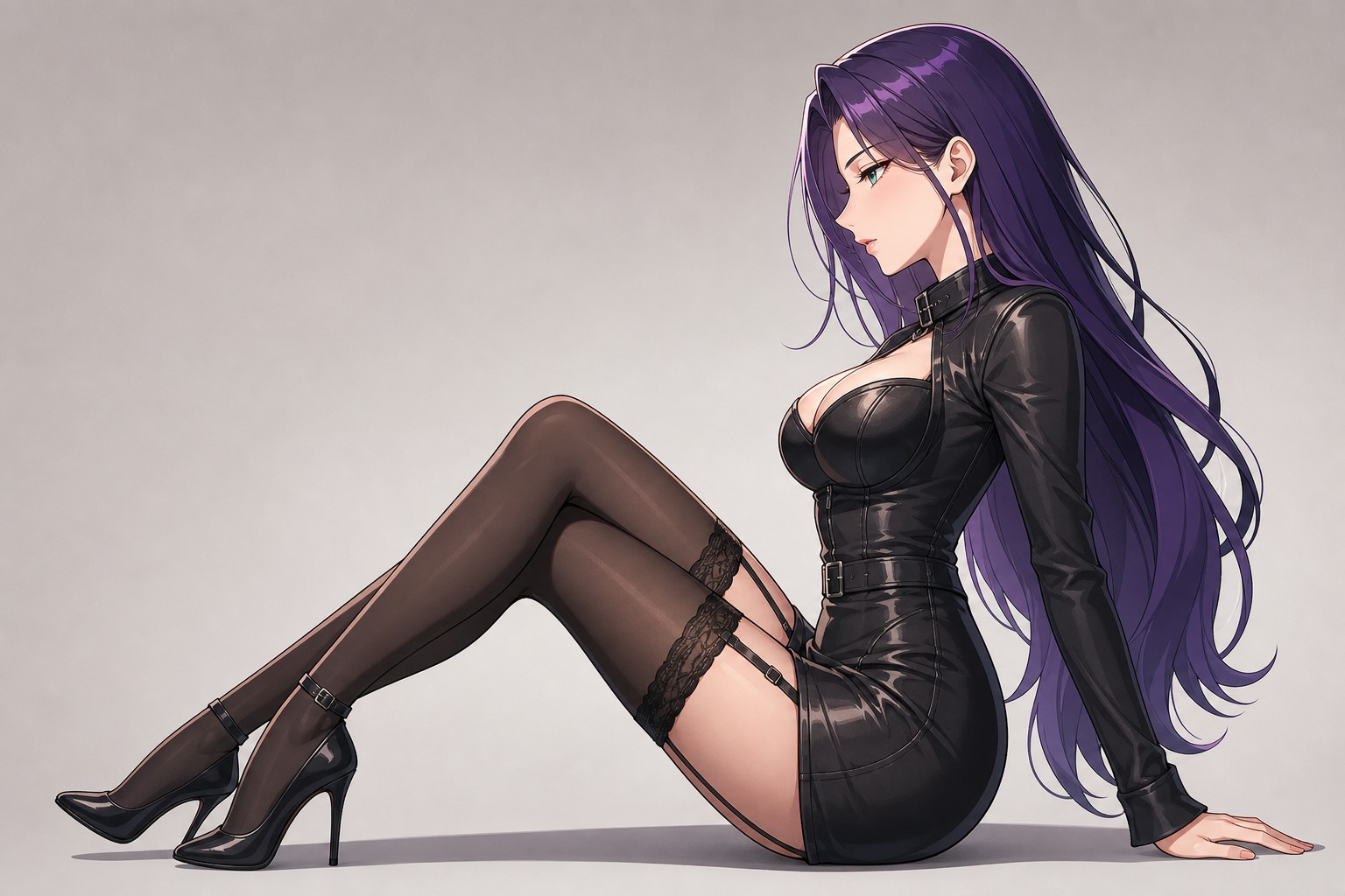 Side View Of A Beautiful Anime Woman Long Violet Colored Hair With Emerald Colored Eyes Wearing A Leather Outfit With Thigh High Stockings And Stiletto Heels Simple Neutral Background AI Image