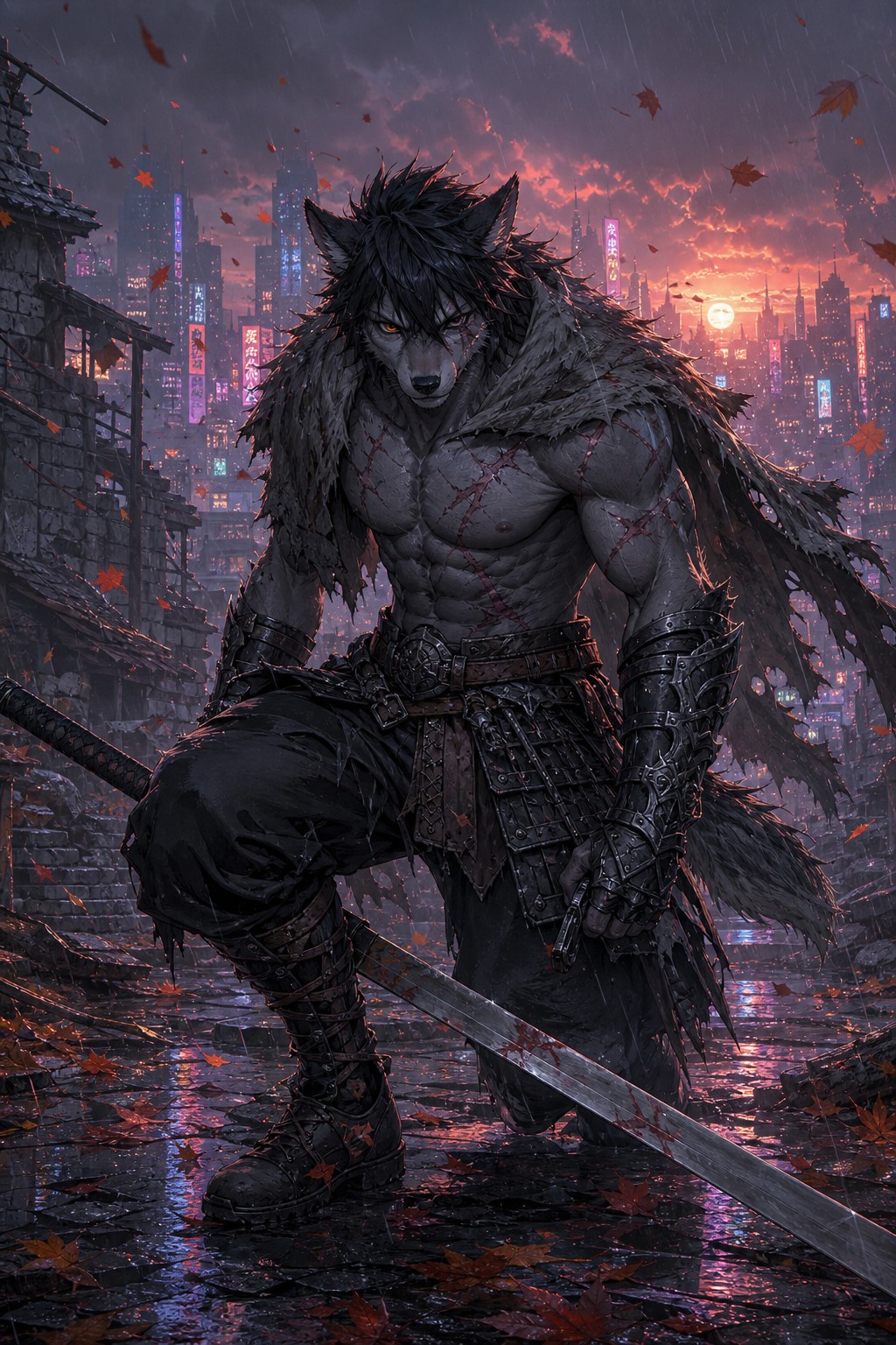 Anthropomorphic, Leaves Falling, Scarred Torso, Grey Fur AI Image