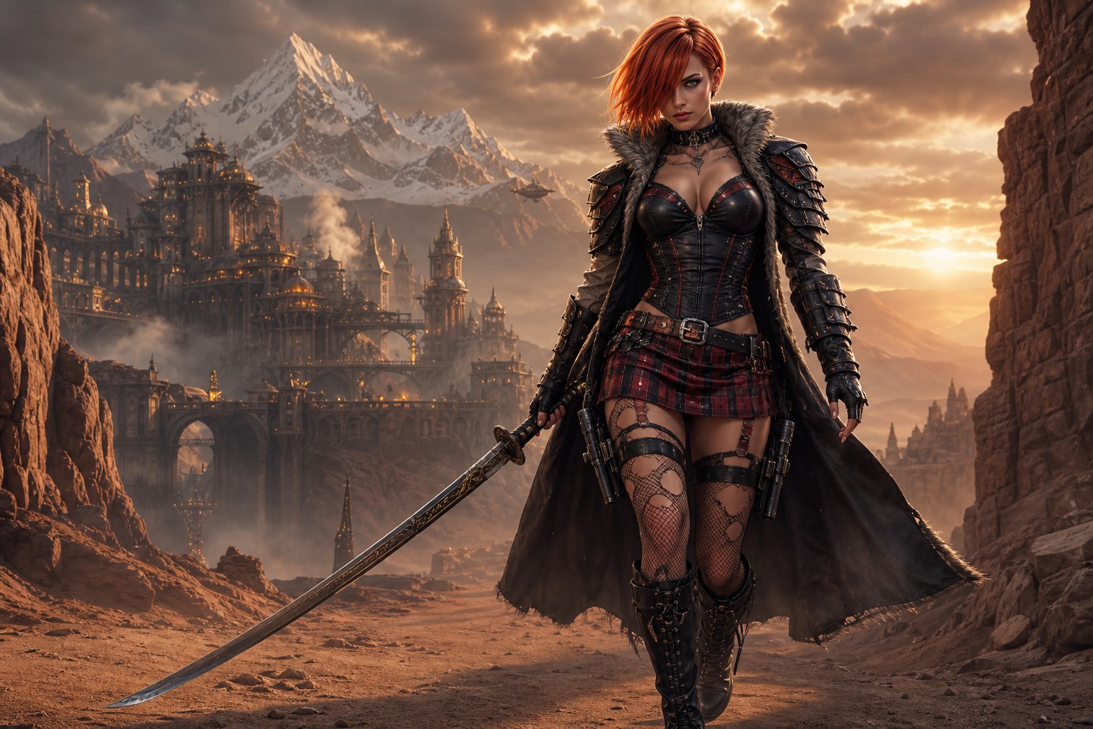 Snowy Mountain Peaks In Background, Evening, Samurai Style Armor Plates, Girl AI Image