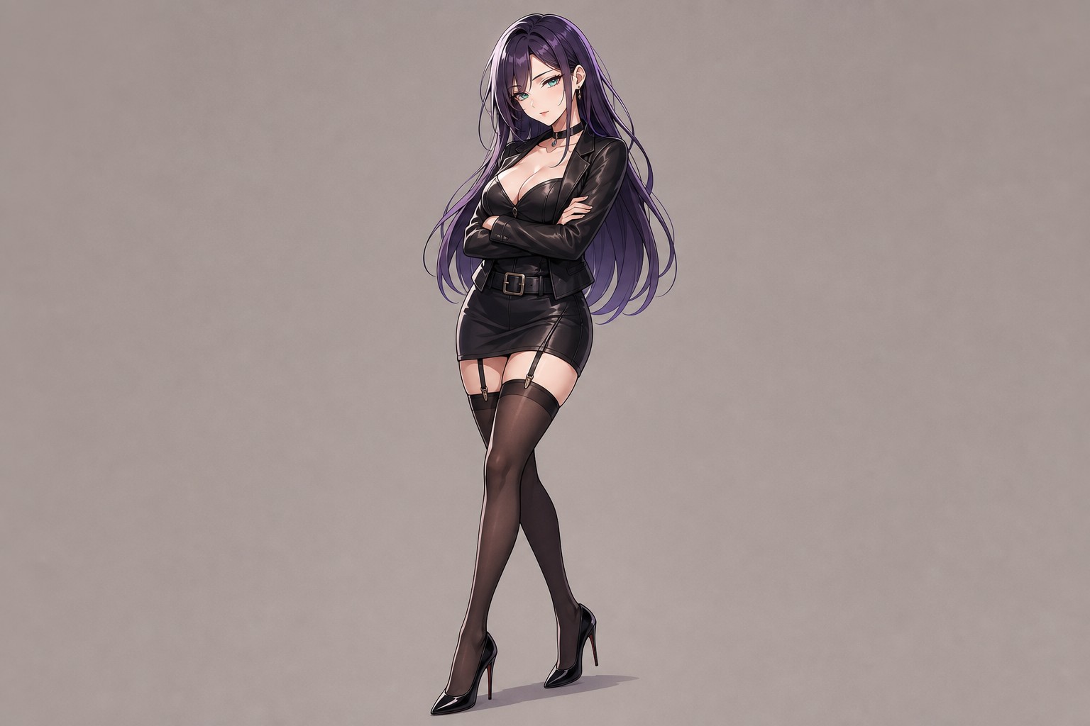 Standing Crossed Leg Pose Beautiful Anime Woman Long Violet Colored Hair With Emerald Colored Eyes Wearing A Leather Outfit With Thigh High Stockings And Stiletto Heels Simple Neutral Background AI Image
