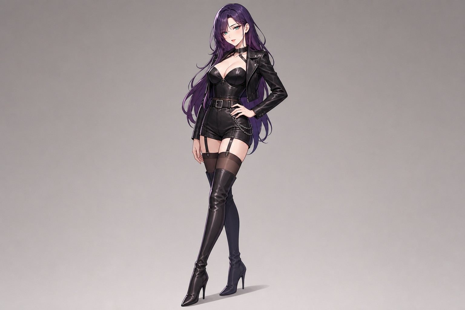 Standing Crossed Leg Pose Beautiful Anime Woman Long Violet Colored Hair With Emerald Colored Eyes Wearing A Leather Outfit With Thigh High Stockings And Stiletto Boots Simple Neutral Background AI Image