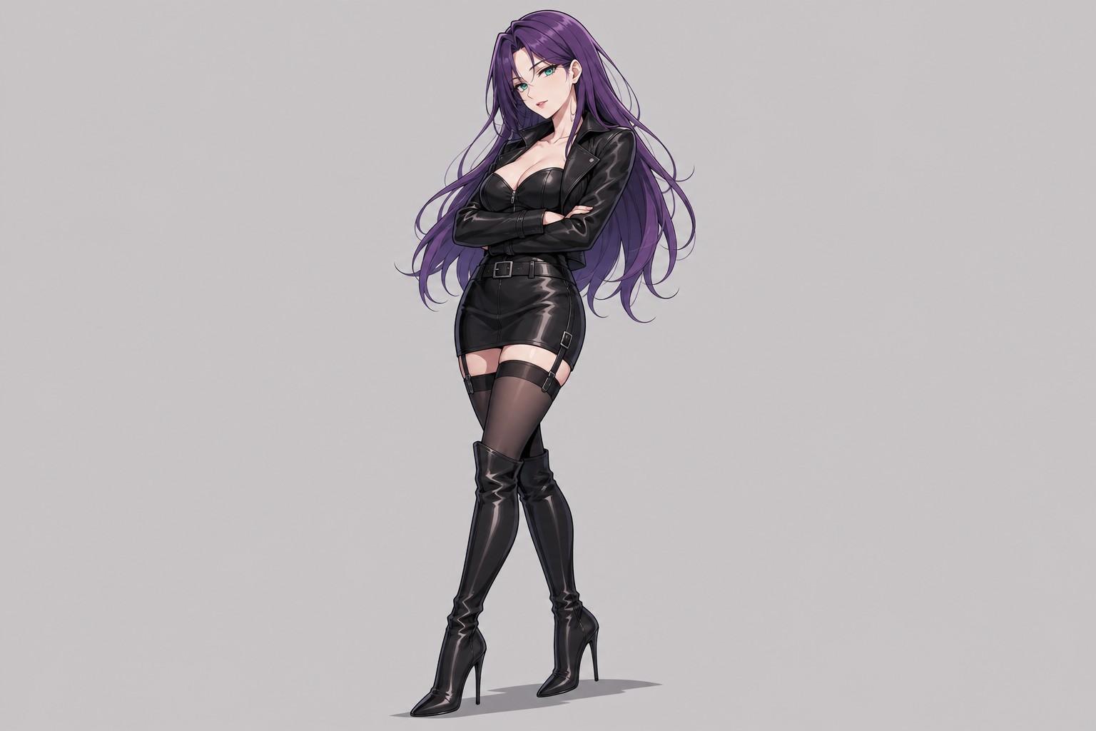 Standing Crossed Leg Pose Beautiful Anime Woman Long Violet Colored Hair With Emerald Colored Eyes Wearing A Leather Outfit With Thigh High Stockings And Stiletto Boots Simple Neutral Background AI Image