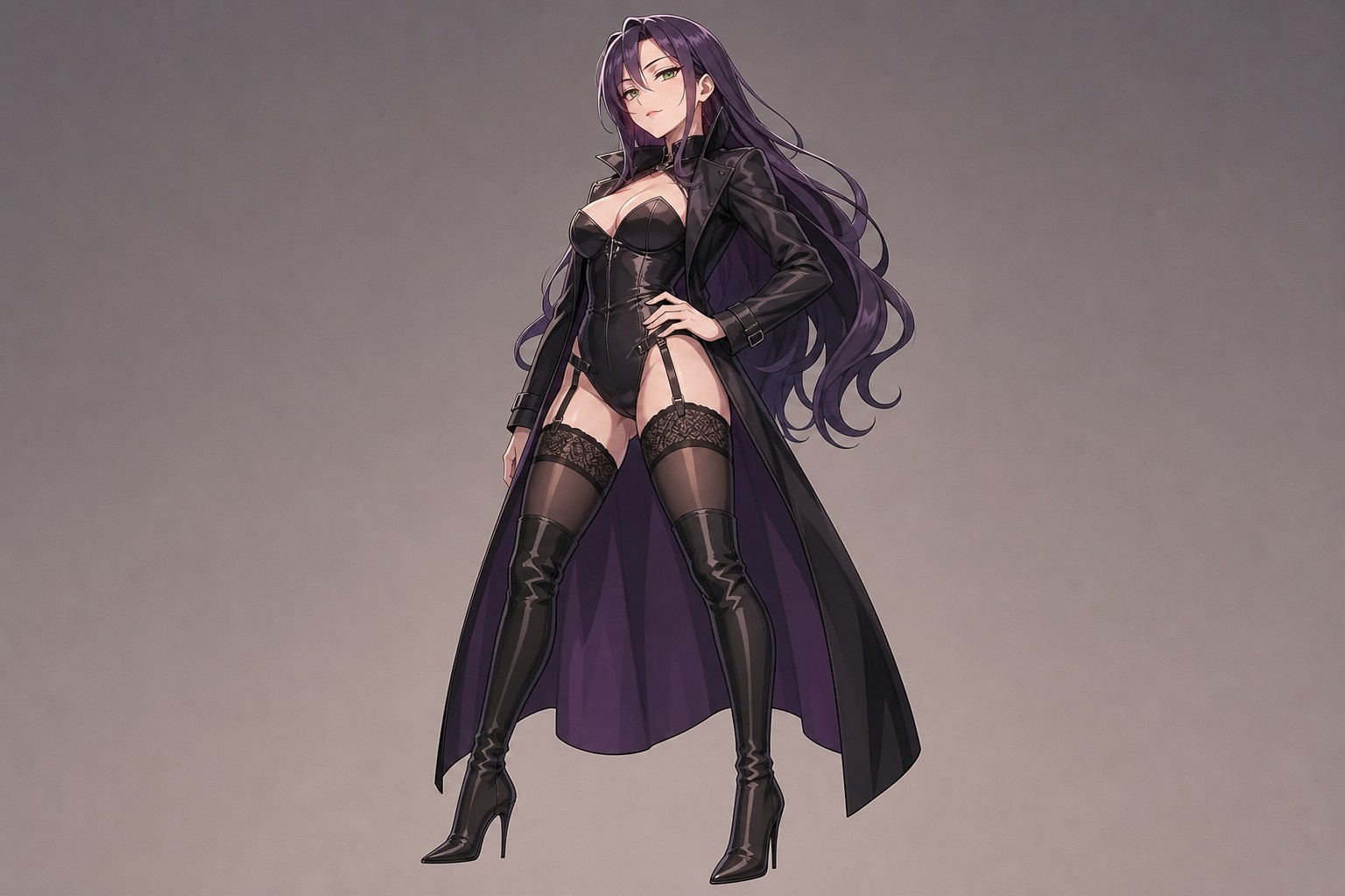 Standing Dominant Pose Beautiful Anime Woman Long Violet Colored Hair With Emerald Colored Eyes Wearing A Leather Outfit With Thigh High Stockings And Stiletto Boots Simple Neutral Background AI Image