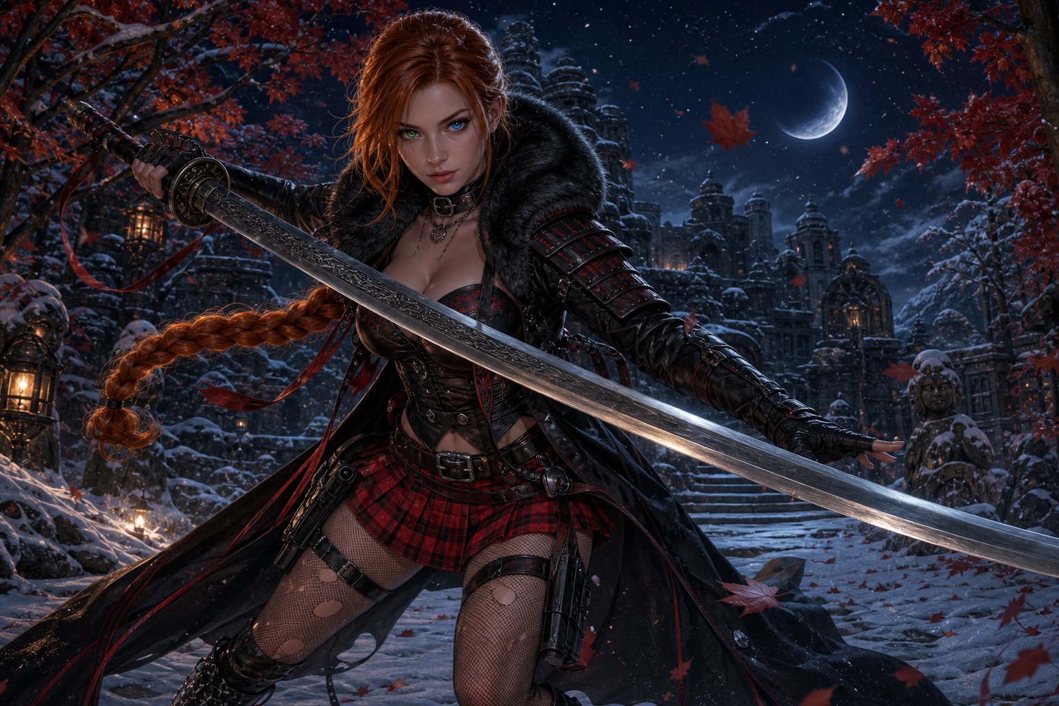 Right Iris Blue, Red Plaid Miniskirt, Falling Leaves, Autumn AI Image