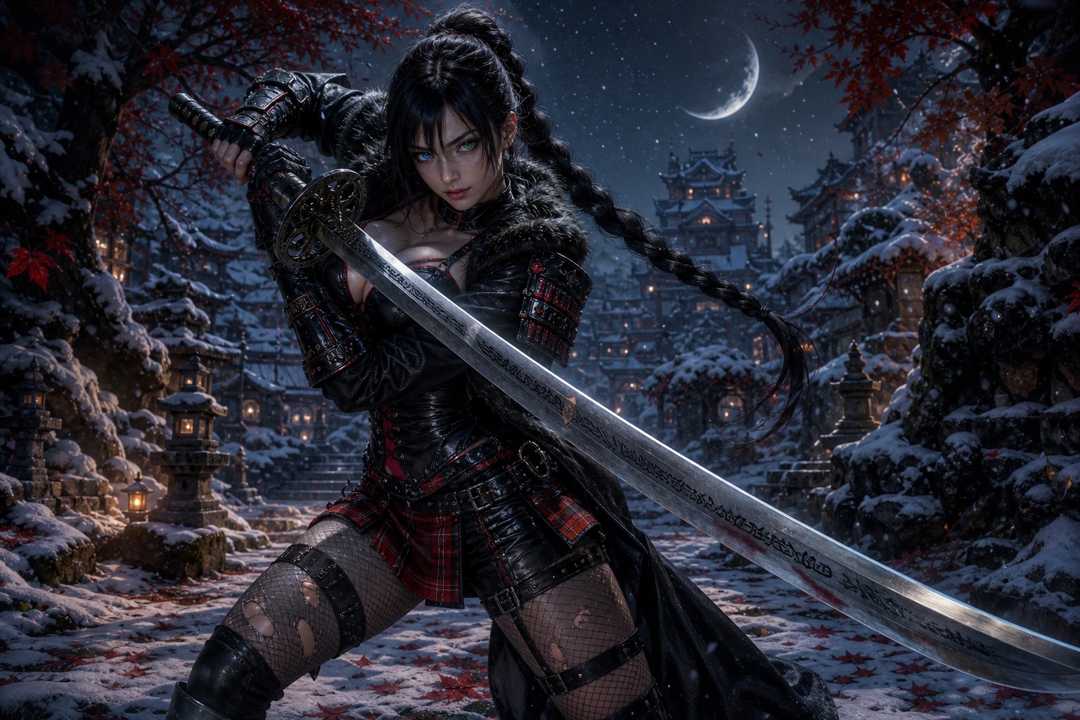 Thick Leather Collar, Fur Lined Black Leather Trench Coat, Knee-high Combat Boots, Snow Covered Trees AI Image