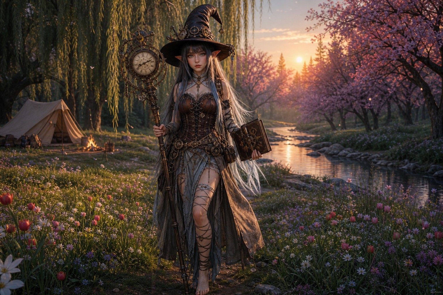Brown Corset Steampunk Witch Outfit, Campsite In Background, Girl, Long Silky Ice Blue Hair AI Image