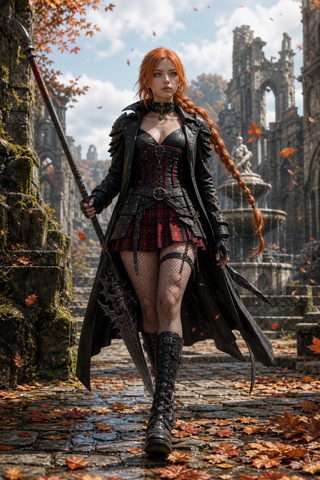 Long Braided Ponytail, Wielding Oversized Fantasy Greatspear, Petite Body, Knee-high Combat Boots AI Image