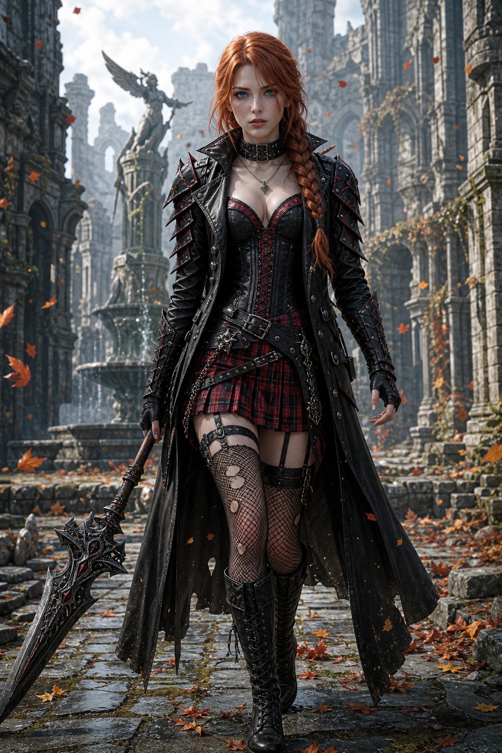 Thick Leather Collar, Red Plaid Miniskirt, Fingerless Gloves, Ginger Hair AI Image