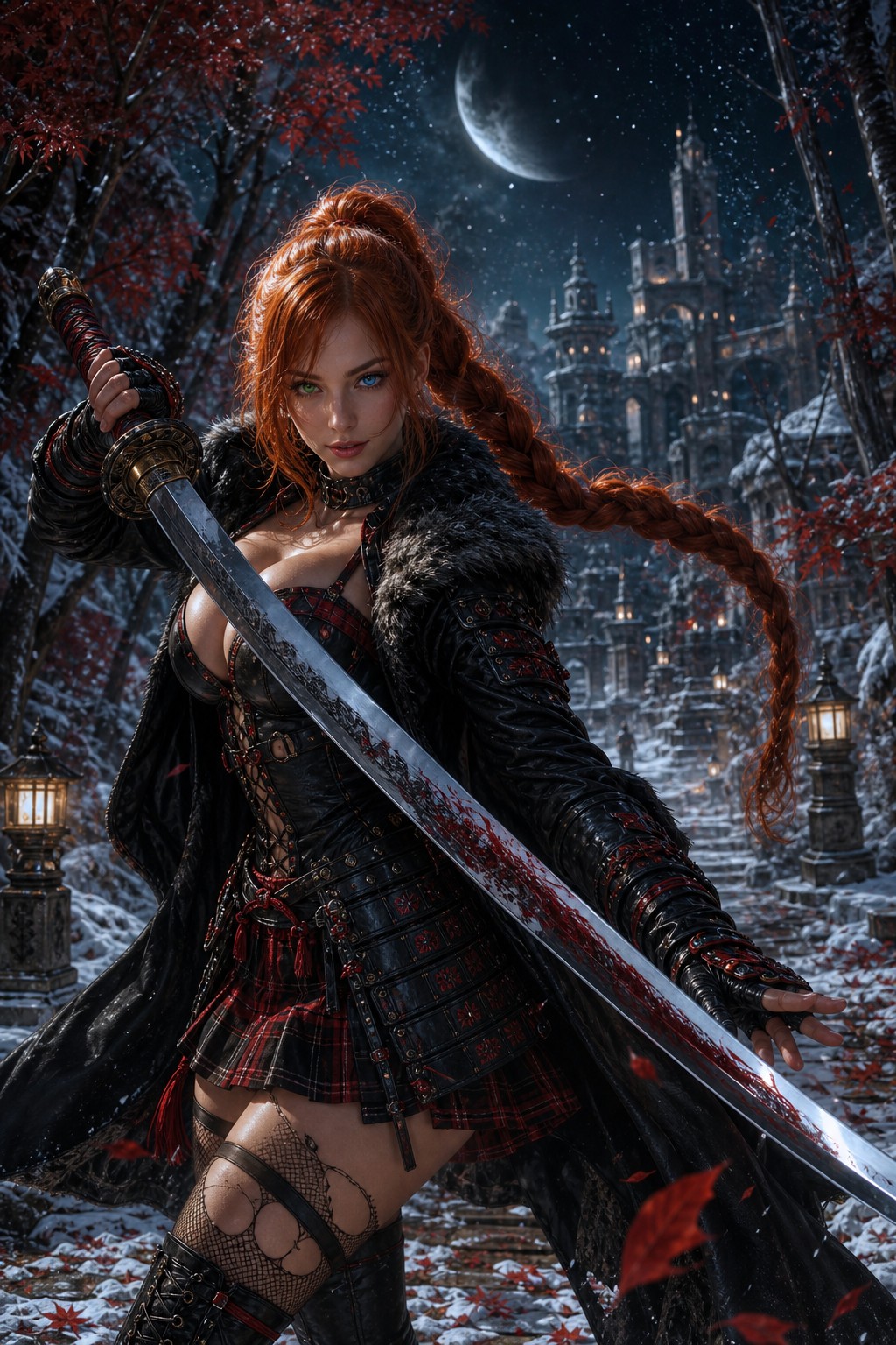 Red Plaid Miniskirt, Ethereal-fantasy-style, Wielding Oversized Long Bladed Katana, Petite Body AI Image
