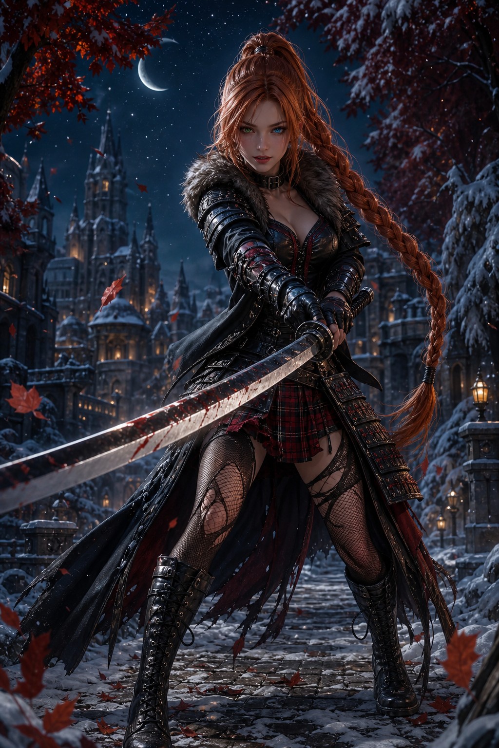 Wielding Oversized Long Bladed Katana, Seductive Facial Expression, Walking Through Center Of Enchanted Forrest, Snow Covered Ground AI Image