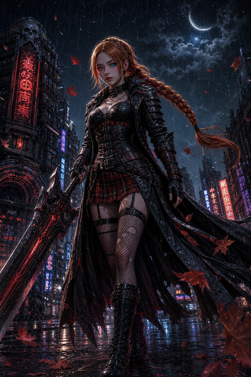 Raining, Armored Black Leather Trench Coat, Walking Through Neon Punk City, Ethereal-fantasy-style AI Image