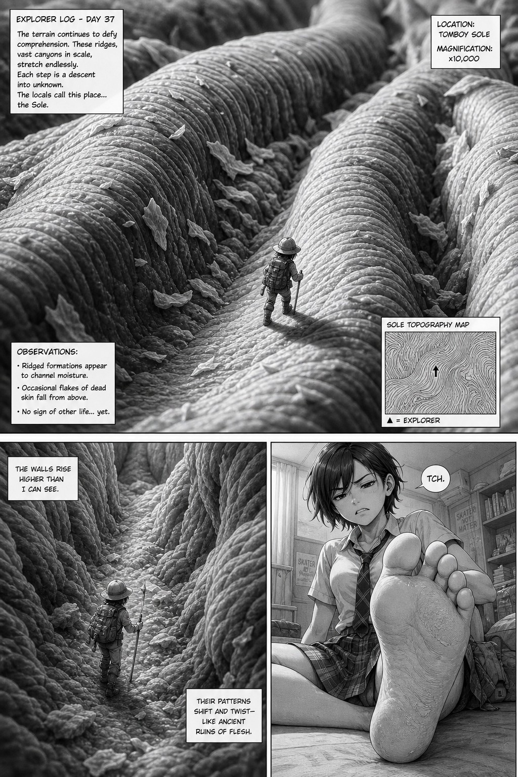 A Tiny Microscopic Person Walks Like An Explorer On The Sole Of A Tomboy Wearing A Skirt And Very Light Tan Skin Also Show A Separate Perspective Of The Tomboy Sitting Down Looking Down At Her Sole Annoyed, Extremely Detailed Macro View Zooming Into Skin Ridges Inside The Walls Of The Skin Ridges AI Image