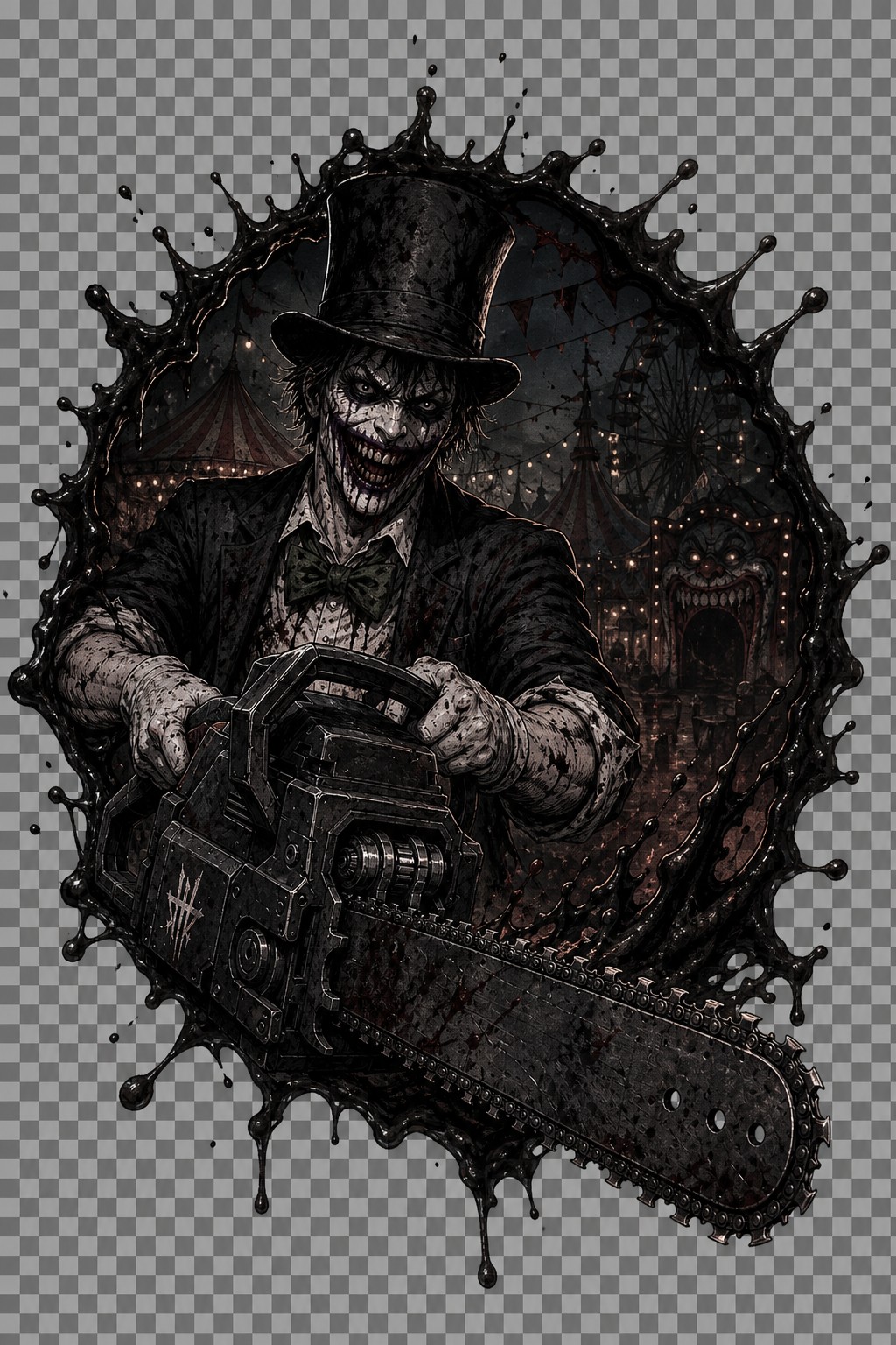 Make A Circle Made Of Black Ooze With A Horror Carnival Scene Inside And Make Grinn Waist Up Inside The Ooze Circle Smiling With Him Holding The Chainsaw The Chainsaw Doing A Panel Breakout From The Black Ooze Circle Don't Make The Circle A Perfect One Ither But Like How A Bullet Hole Is But Instead It's A Black Ooze Circle Splatter Make His Smile More Demented And His Pose More Dramatic And Don't Put The White Outside Of The Black Circle Make It A Transparent Where The White Would B AI Image