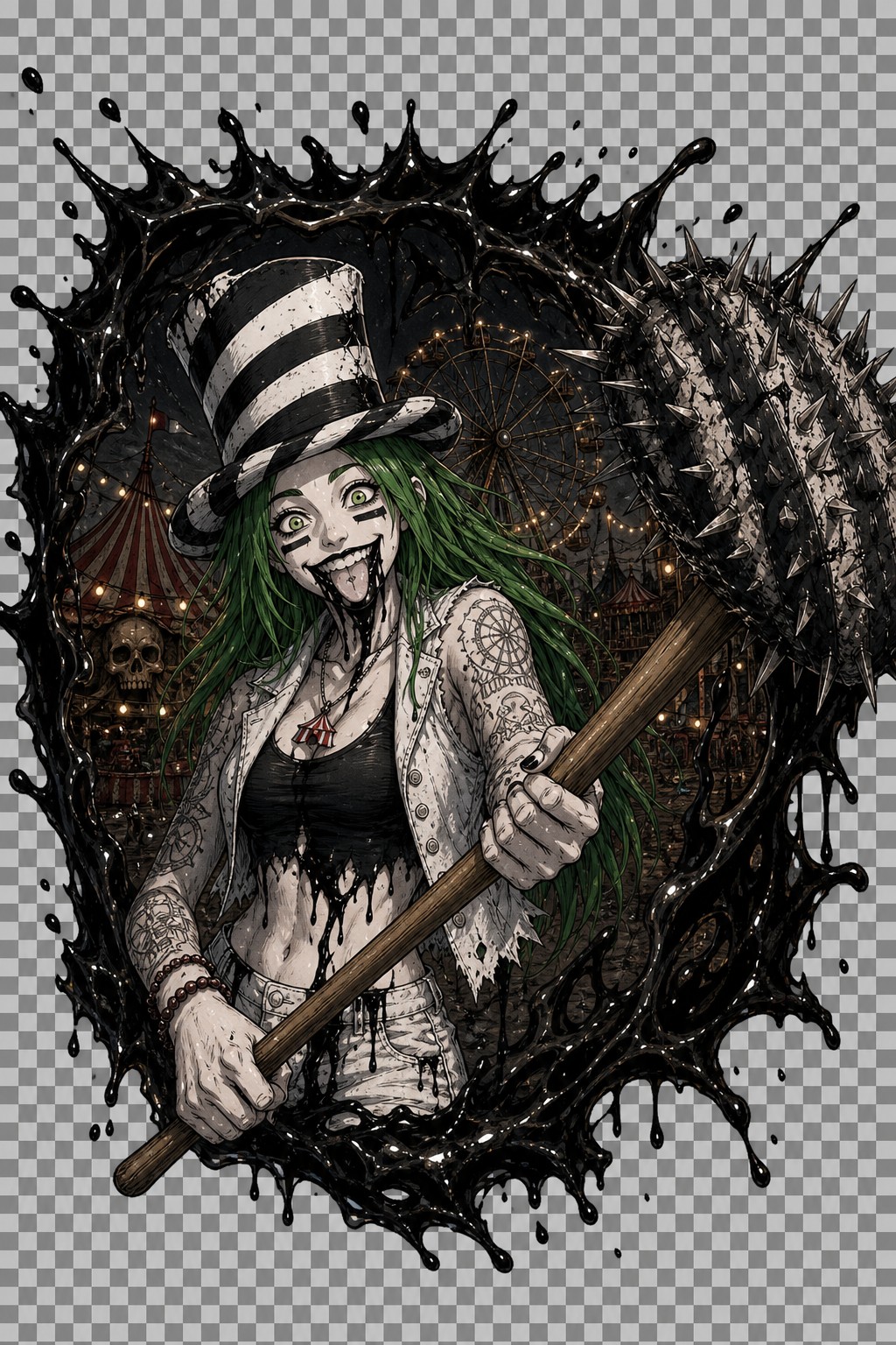 Make A Circle Made Of Black Ooze With A Horror Carnival Scene Inside And Make Smirk Waist Up Inside The Ooze Circle With Her Holding The Mallet The Mallet Doing A Panel Breakout From The Black Ooze Circle Don't Make The Circle A Perfect One Ither But Like How A Bullet Hole Is But Instead It's A Black Ooze Circle Splatter Make Her Pose More Dramatic And Don't Put The White Outside Of The Black Circle Make It A Transparent Where The White Would B And Make Sure Her Mallet Head Is Shaped Like An Average Mallet Like In The Prop Pic Don't Change Its Shape Stop Changing The Mallets Shape It's Not Round AI Image