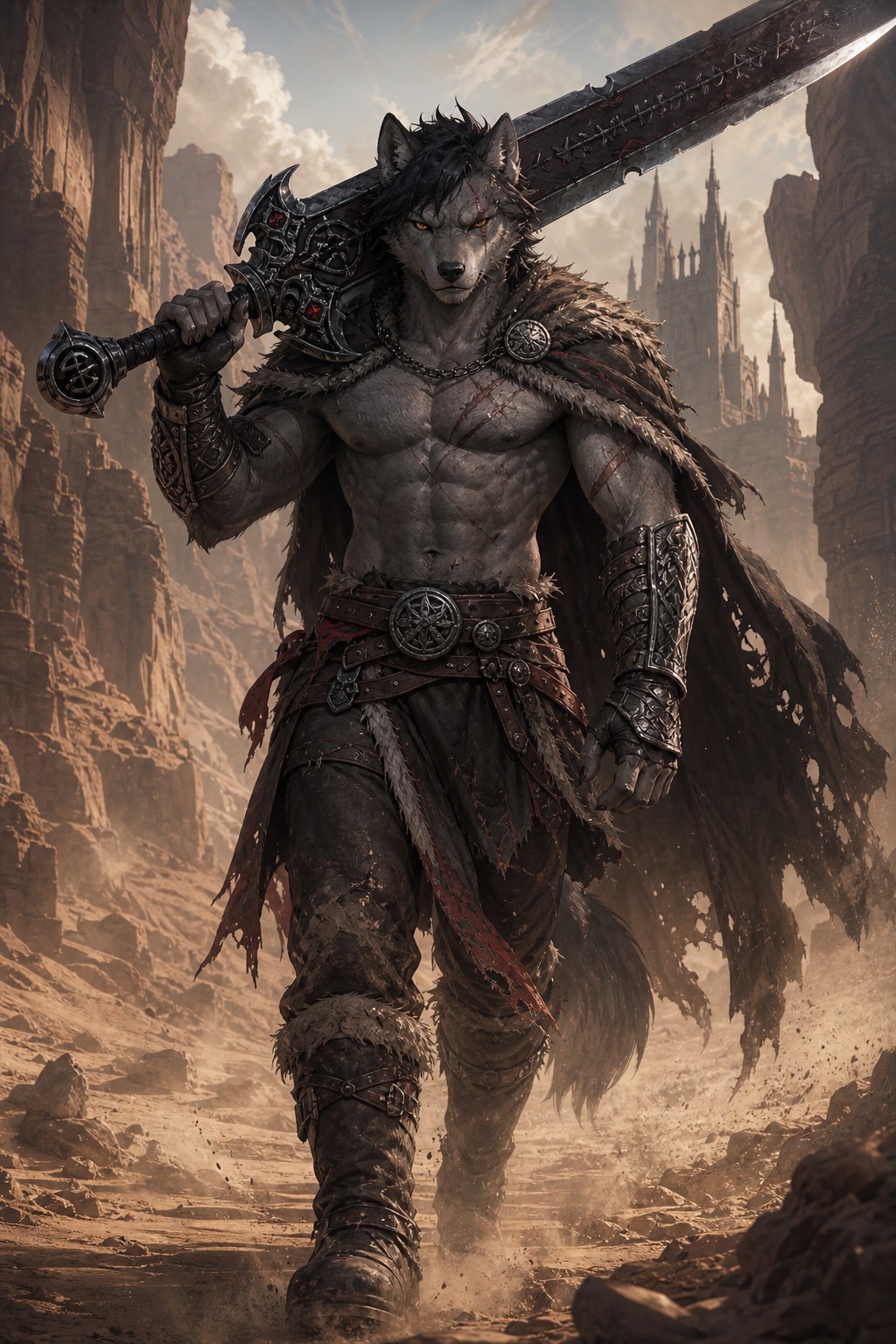 Humanoid, Wolfboy, Viking Style Metal Arm Bracers, Scarred Torso AI Image
