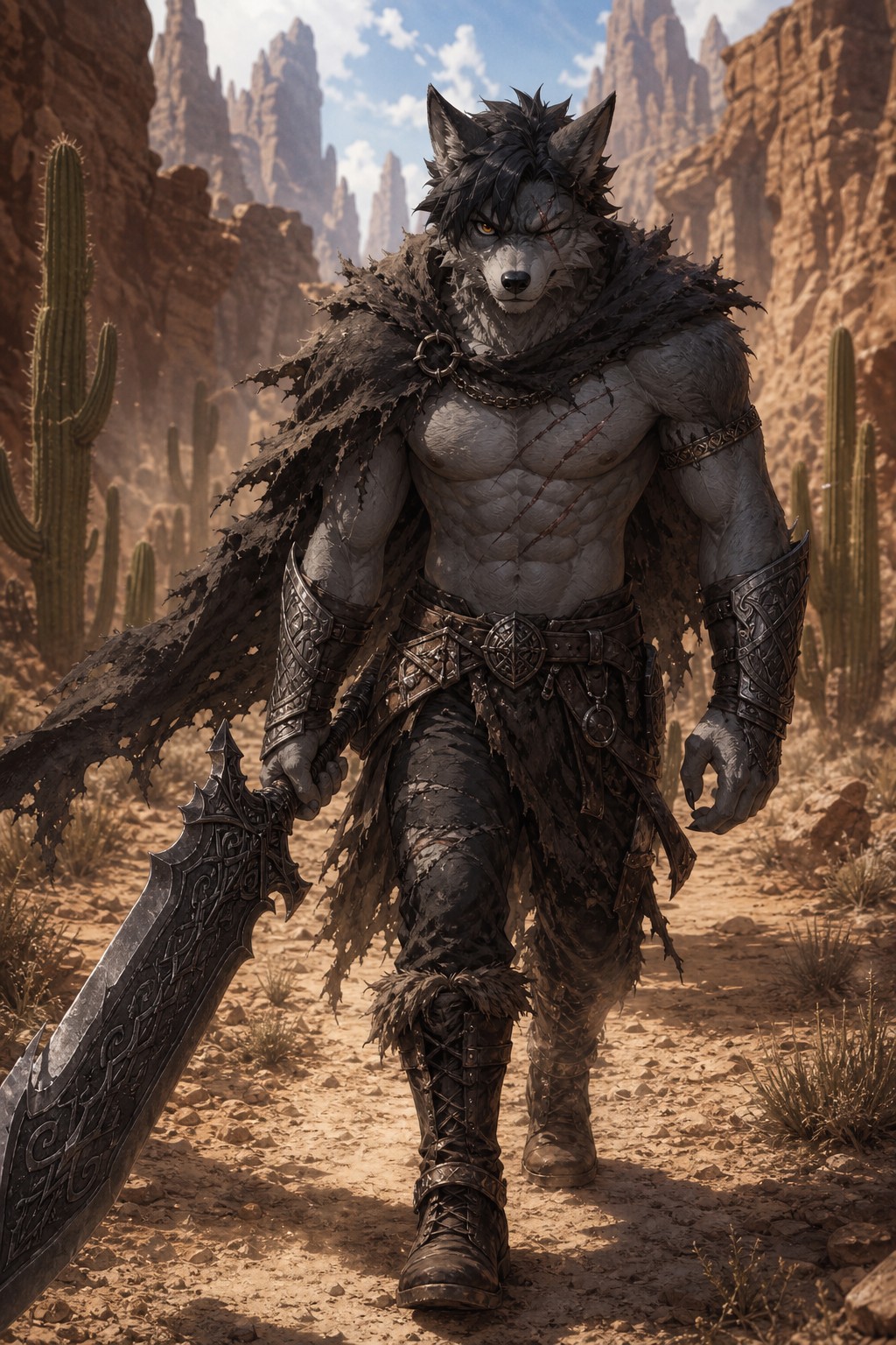 Scarred Torso, Short Black Hair, Anthropomorphic, Tattered Fur Cape AI Image