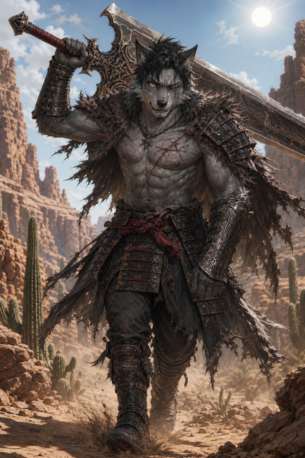 Tattered Fur Cape, Scar Over Closed Eye, Brawler Build, Combat Boots AI Image