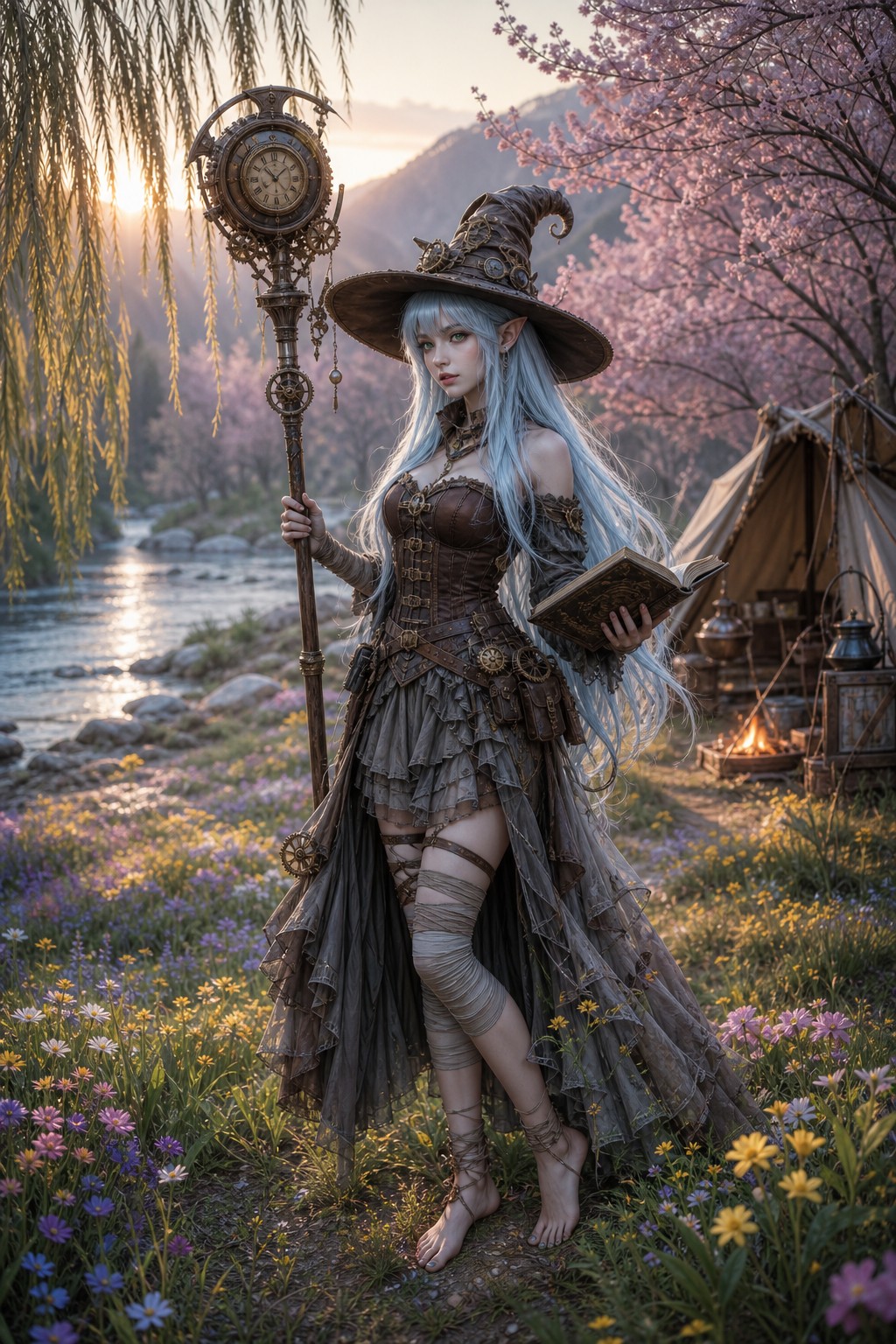 Campsite In Background, Green Eyes, Short Bangs, Pointy Steampunk Witch Hat AI Image