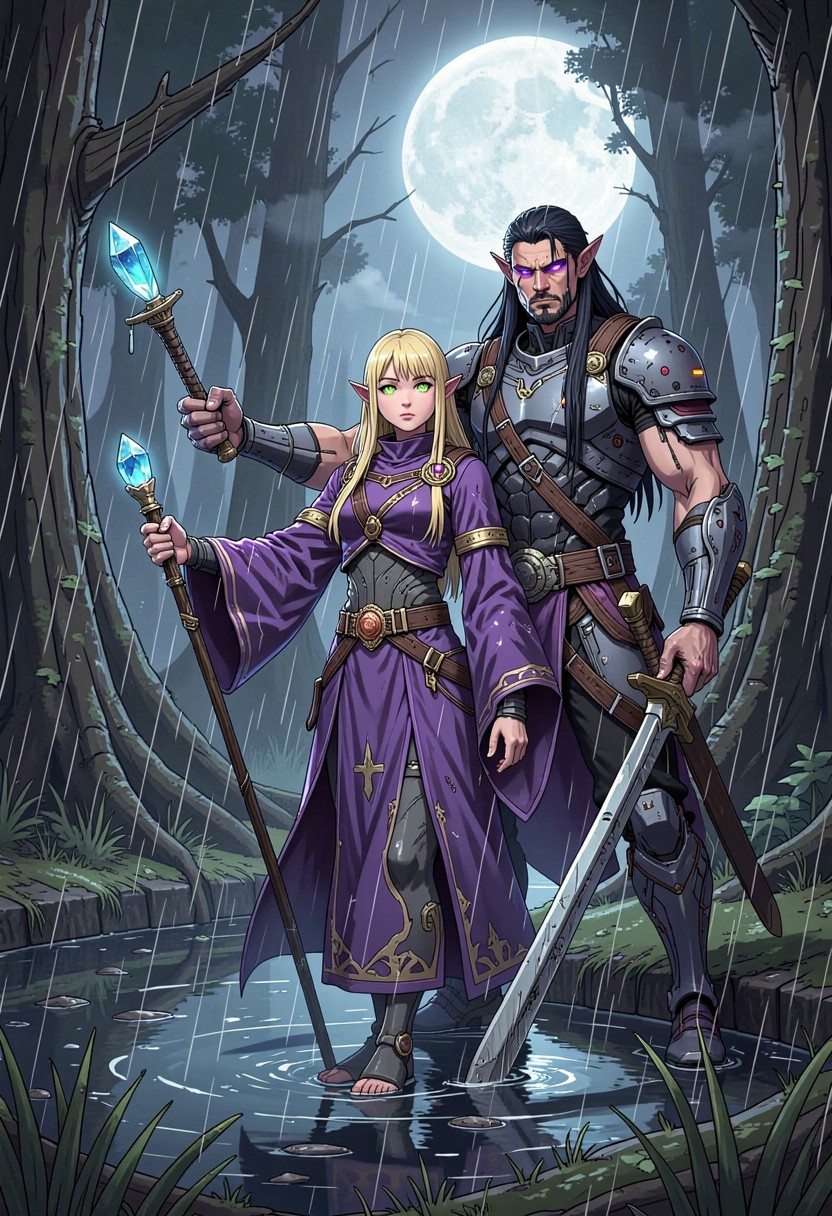 Behind Her, The Moon Is Shining And It Rains A Years Matur Girl With Blond Hair And Green Eyey, A Dark Wood, Holding A Long Sword AI Image
