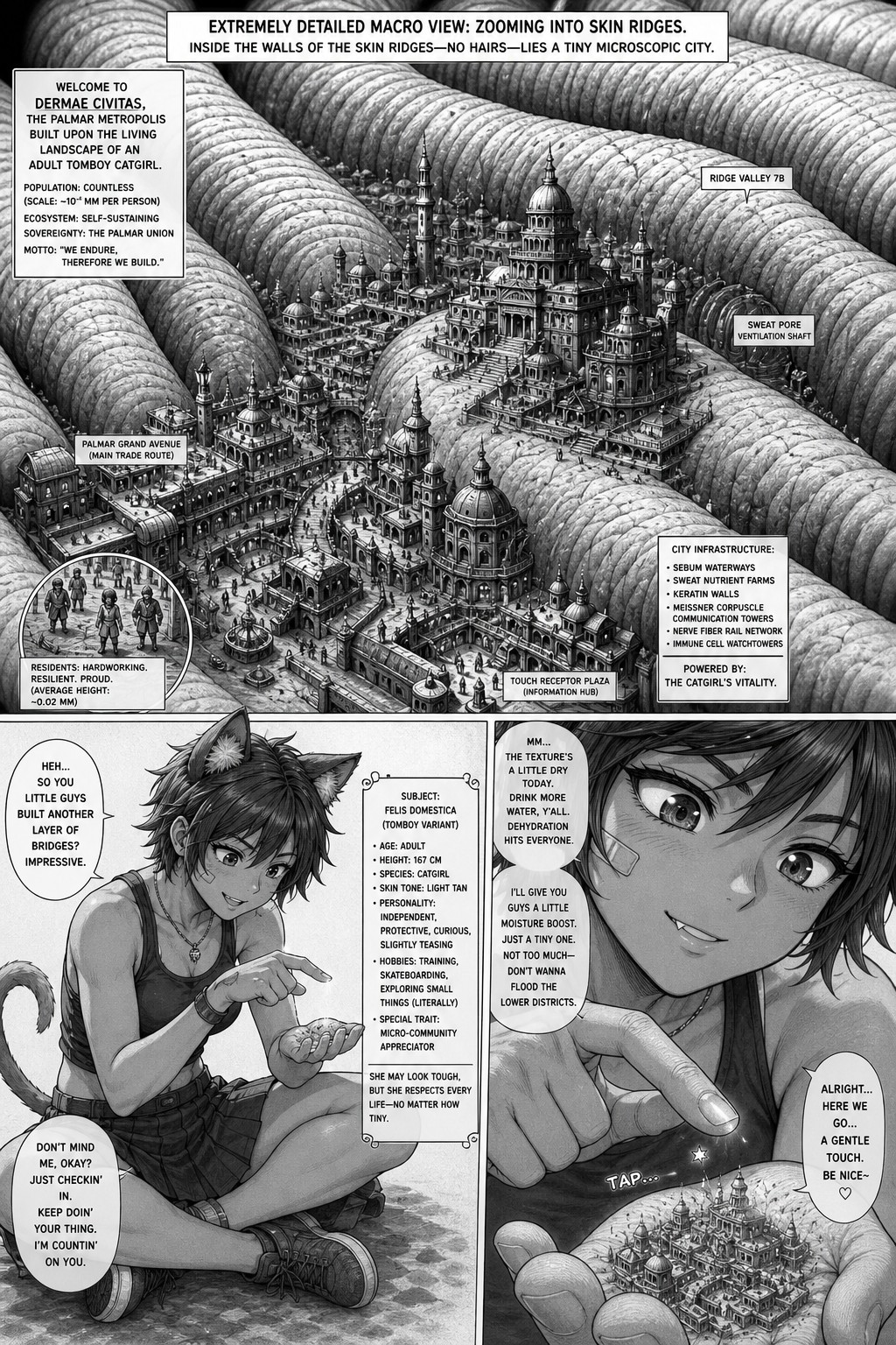 Extremely Detailed Macro View Zooming Into Skin Ridges Inside The Walls Of The Skin Ridges No Hairs, A Tiny Microscopic City Is On The Palm Of An Adult Tomboy Catgirl Wearing A Skirt And Light Tan Skin Also Show A Separate Perspective Of The Tomboy Sitting Down Looking Down At Her Palm Finger About To Touch It Add Dialogue And More Extravagant Description AI Image