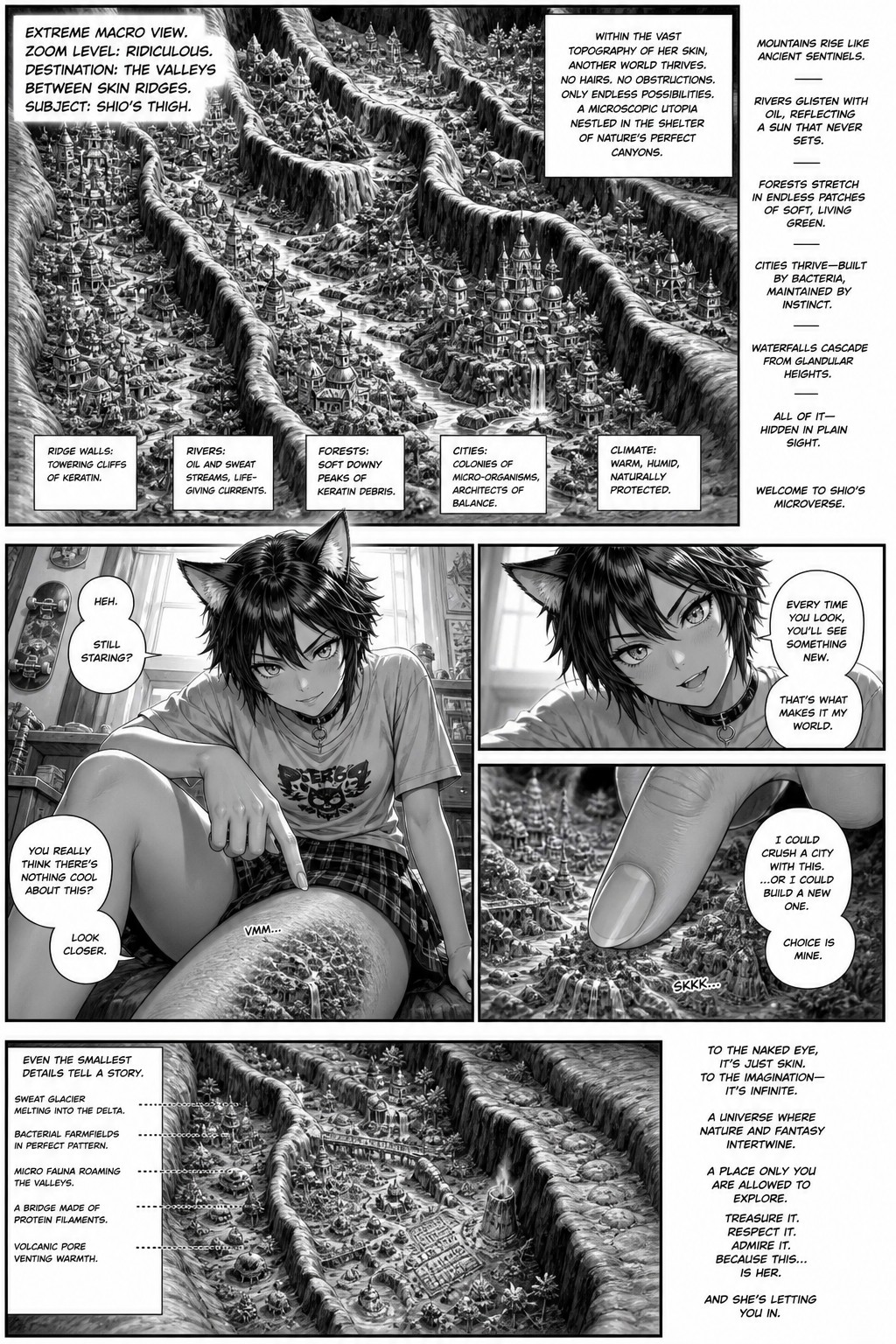 Extremely Detailed Macro View Zooming Into Skin Ridges Inside The Walls Of The Skin Ridges No Hairs, Mountains, Forests, Cities Is On The Thigh Of An Adult Tomboy Catgirl Wearing A Skirt And Light Tan Skin Also Show A Separate Perspective Of The Tomboy Sitting Down Finger About To Touch It Add Dialogue And More Extravagant Description AI Image