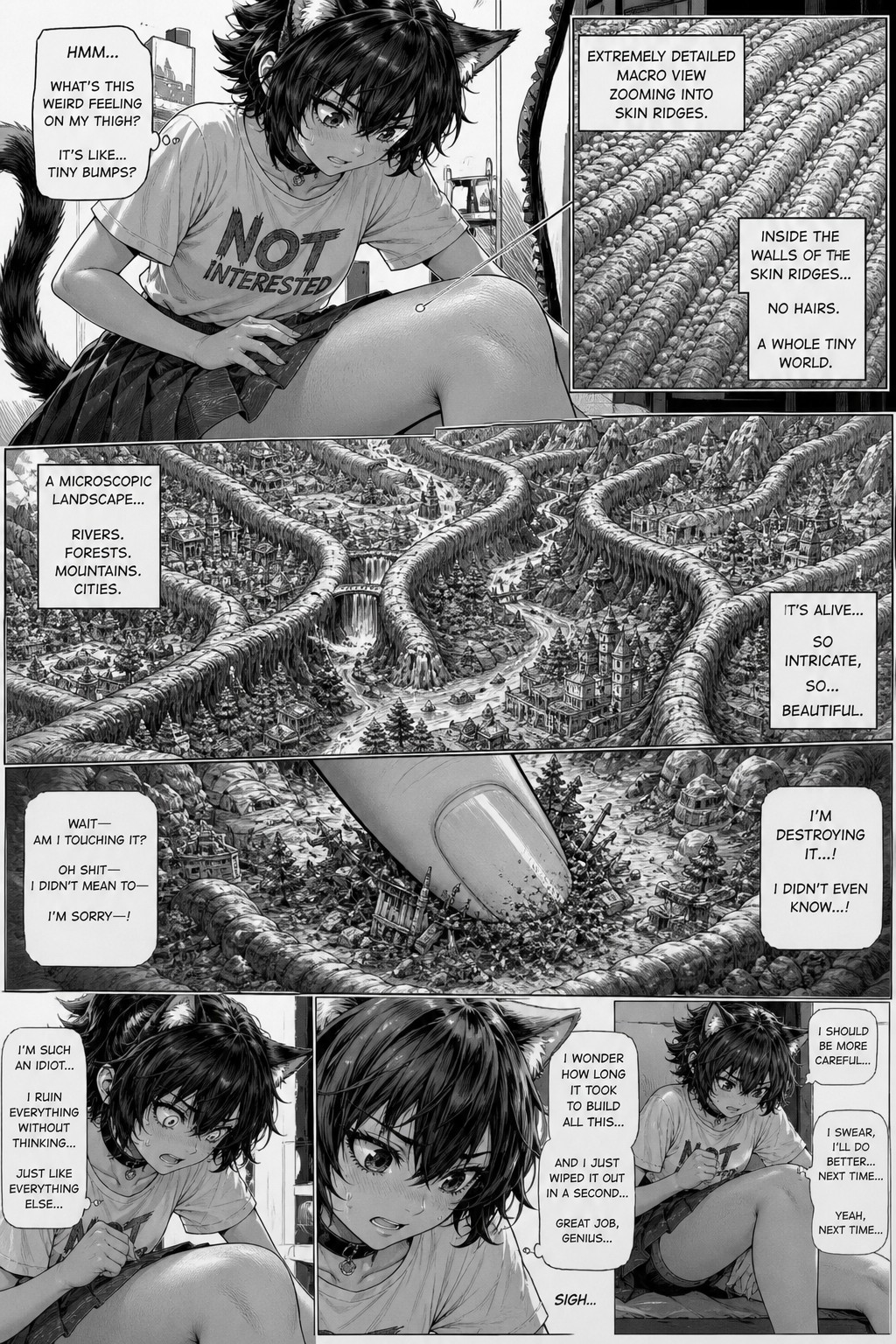Forests, A Tiny Microscopic Landscape With Rivers, Cities Is On The Thigh Of An Adult Tomboy Catgirl Wearing A Skirt And Light Tan Skin Also Show The Separate Perspective Of The Tomboy Touching It Destroying It Unknowingly Add Great Detail And Her Talking To Herself, Mountains AI Image