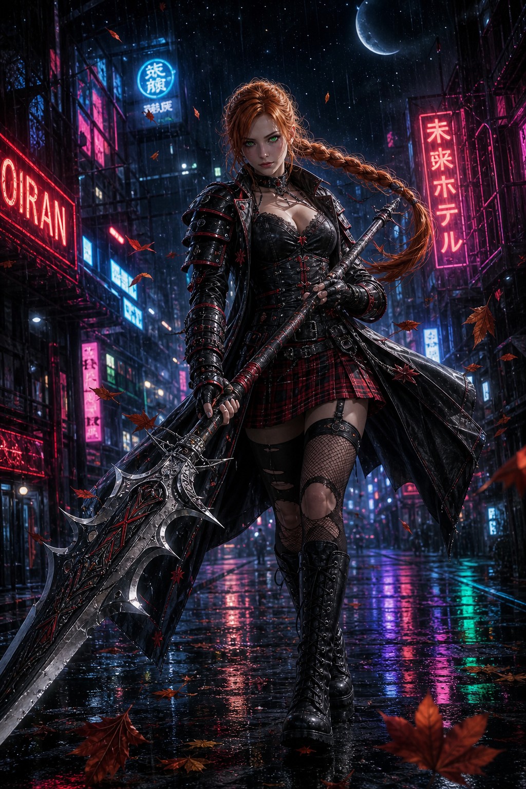 Realism, Fingerless Gloves, Right Iris Blue, Samurai Style Armor Plates AI Image