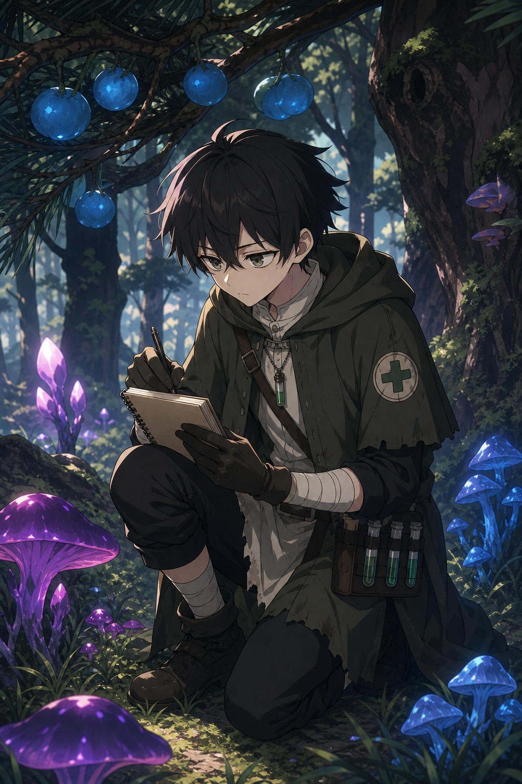 Nallis Bane Is Exploring A Forest With Glowing, Alien-looking Mushrooms And Strange Blue Fruit Hanging From The Pine Tree Branches While Writing Notes In A Notebook AI Image