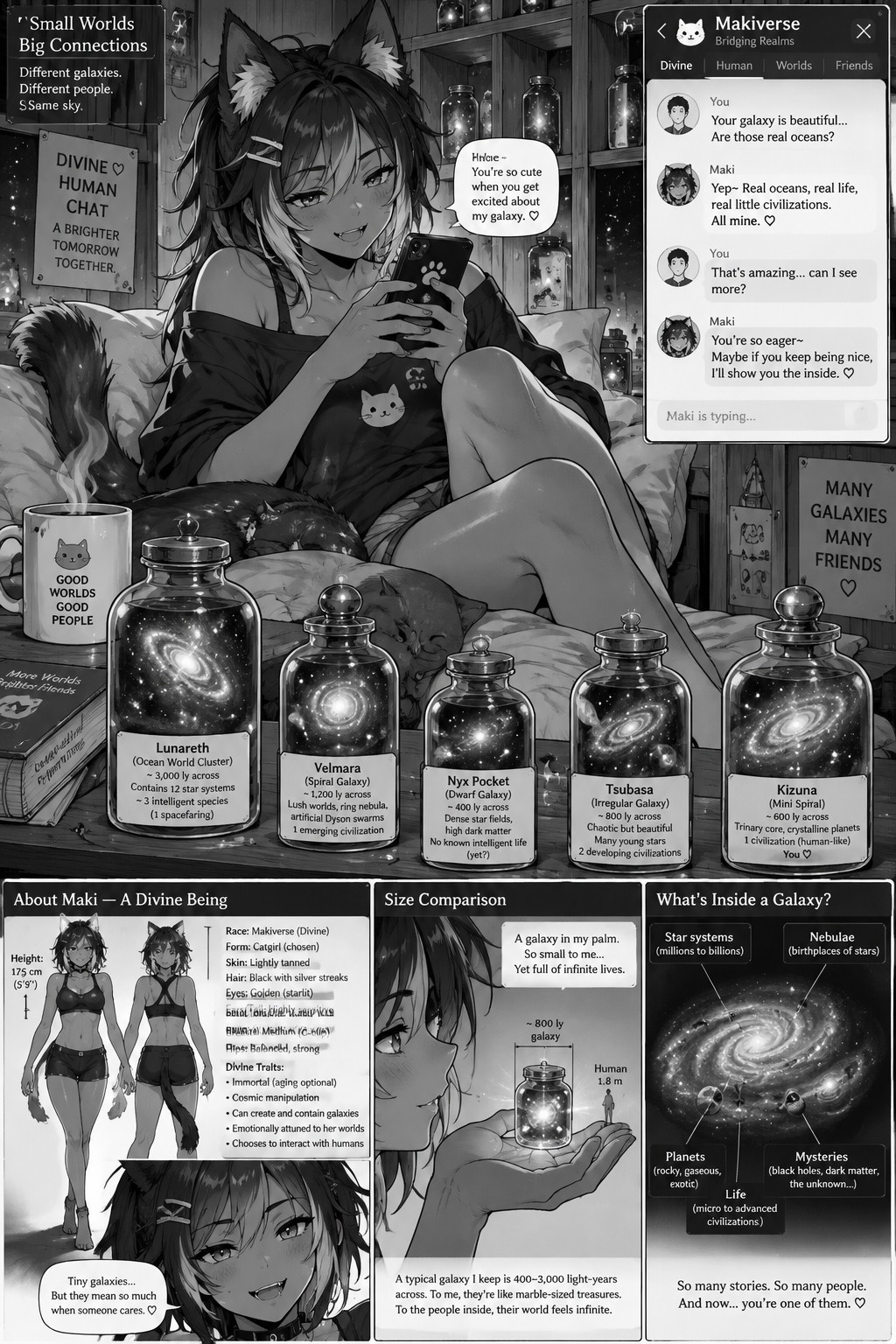 A Collection Tiny Galaxies In Their Own Glass Containers Being Owned By A Lightly Tanned Tomboy Catgirl In Her Bedroom Show Her Using A Chat App That Allows Contact Between Her Divine Race And Humans Also Show Her Teasing With The Galaxy Shes Sending Chat Messages To Describe Her Divine Body In Detail With Size Comparison To Galaxies And Whats In Them AI Image