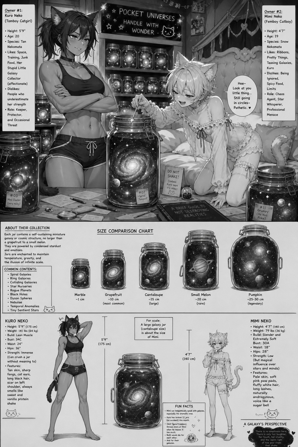 A Collection Tiny Galaxies In Their Own Jars Being Owned By A Lightly Tanned Tomboy Catgirl And An Extremely Feminine And Short Fair Skinned Femboy Catboy's Bedroom Also Show The Catboy Maliciously Teasing A Galaxy Describe Their Divine Bodies In Detail With Size Comparison To Galaxies And Whats In Them AI Image