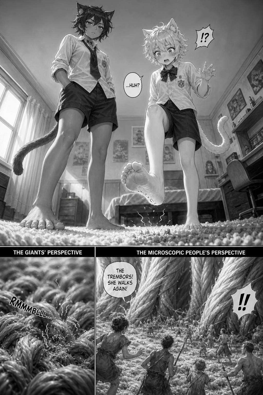 They Are Lovers Unknown To Them Microscopic People Are Below Their Feet On The Floor Between The Skyscraper Size Carpet Fibres Show This In An Extremely Detailed Macro View The Femboy Notices Something Under His Foot As He Goes To Step On It Add Tremors Show The Giants And The Microscopic People Perspective Separately, Microscopic People On The Carpeted Floor Of The Bedroom Of A Lightly Tanned Tomboy Catgirl And A Shorter Extremely Feminine And Fair Skinned Femboy Catboy's Wearing School Shirt And Shorts AI Image