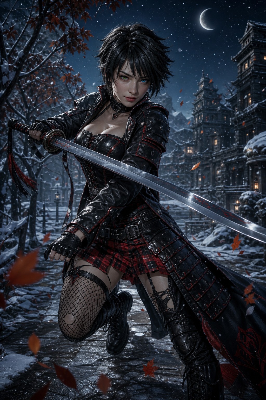 Red Plaid Miniskirt, Thick Leather Collar, Armored Black Leather Trench Coat, Falling Leaves AI Image