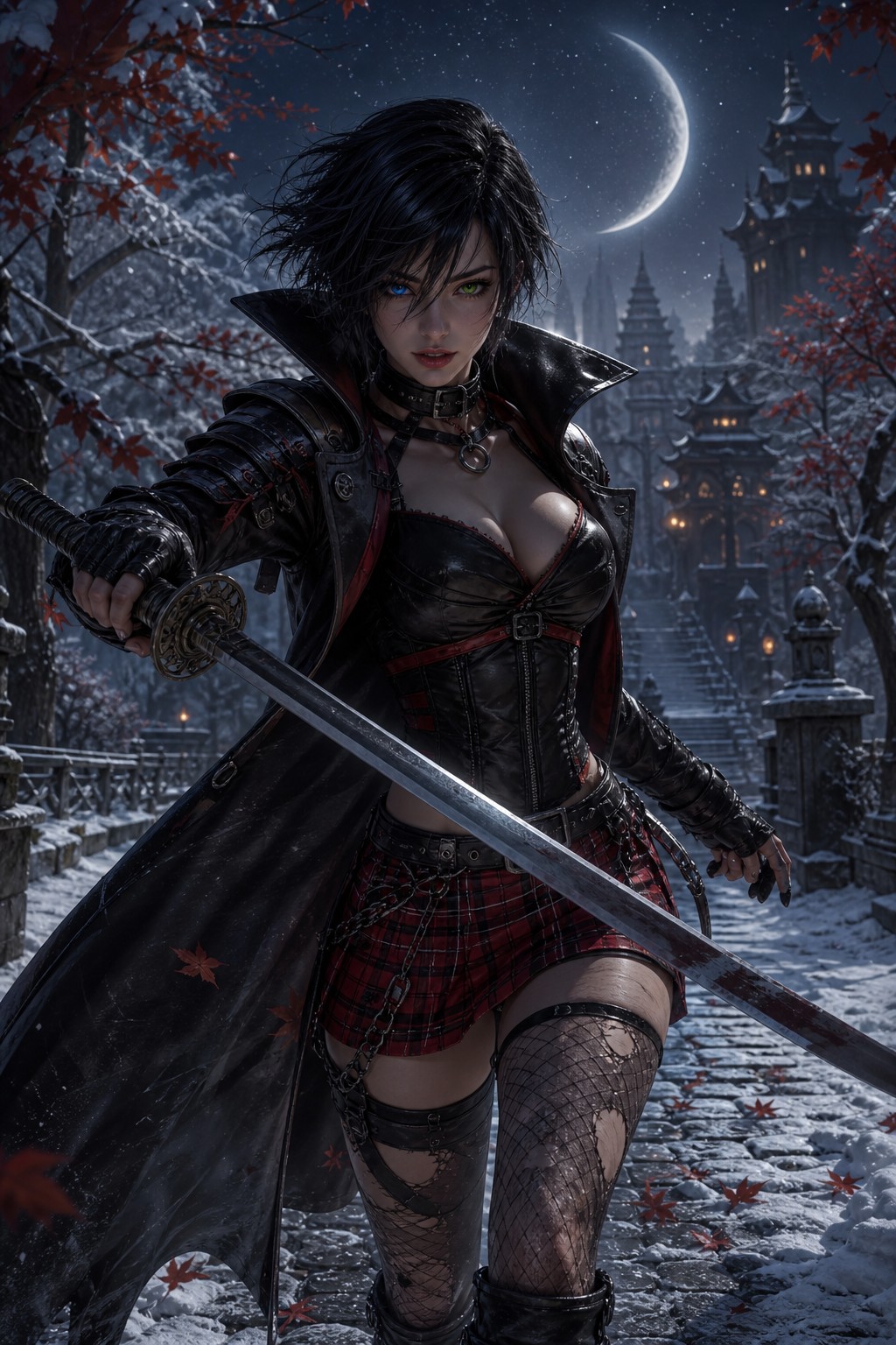 Waning Crescent Moon, Falling Leaves, Ethereal-fantasy-style, Wielding Oversized Long Bladed Katana AI Image