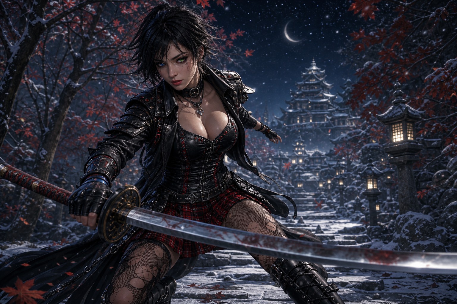 Wielding Oversized Long Bladed Katana, Left Iris Green, Starry Sky, Snow Covered Trees AI Image