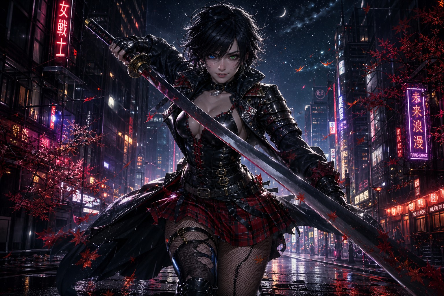 Waning Crescent Moon, Short Punk Hairstyle, Right Iris Blue, Black Leather Corset With Red Accents AI Image